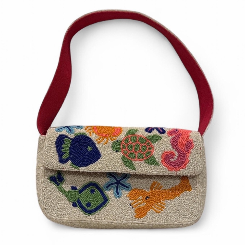 Sea Life Beaded Shoulder Bag Fish Turtle Lobster NWT - Picture 3 of 11